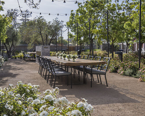 An outdoor dining area with a long table and chairs is surrounded by greenery and string lights, creating a serene and inviting atmosphere in the garden.